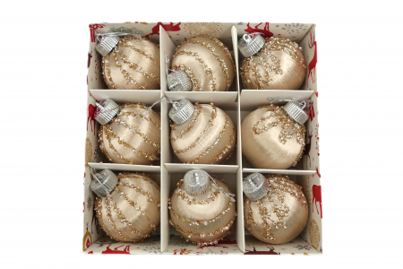 Decoratiuni brad - Set de 9 globuri aurii lucioase, decorate cu pietricele, 10 cm