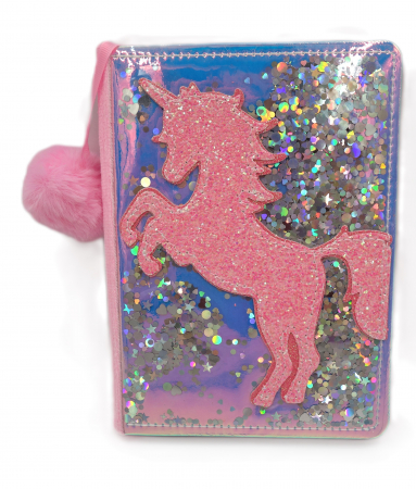 Agende - Agenda cu blăniță pufoasă, sclipici și model unicorn, roz, 20 cm