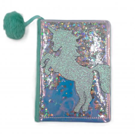 Agende - Agenda cu blăniță pufoasă, sclipici și model unicorn, turcoaz, 22 cm