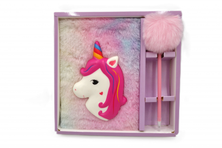 Agende - Agenda pufoasă cu pix pompon și unicorn squishy mare, 22 cm