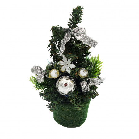 Brazi artificiali - Brad decorativ cu fundite si globuri, argintiu, 20 cm