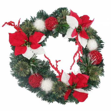 Felinare si decoratiuni - Coronita artificiala cu craciunite rosii, 38 cm