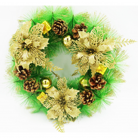Felinare si decoratiuni - Coronita artificiala cu craciunite aurii si conuri, 30 cm