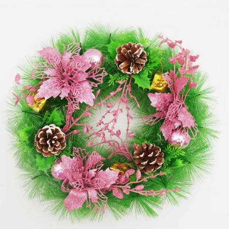 Coronita decorativa cu craciunite roz si conuri, 30 cm [1]
