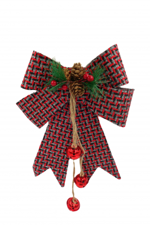 Decoratiuni brad - Fundiță decorativă roșu/negru cu conuri, vasc și crenguțe artificiale, 25 cm