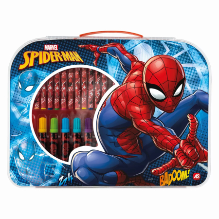 Pixuri si culori - Gentă pentru desen Art Case Spiderman, set creativ cu creioane și markere, 3 ani+