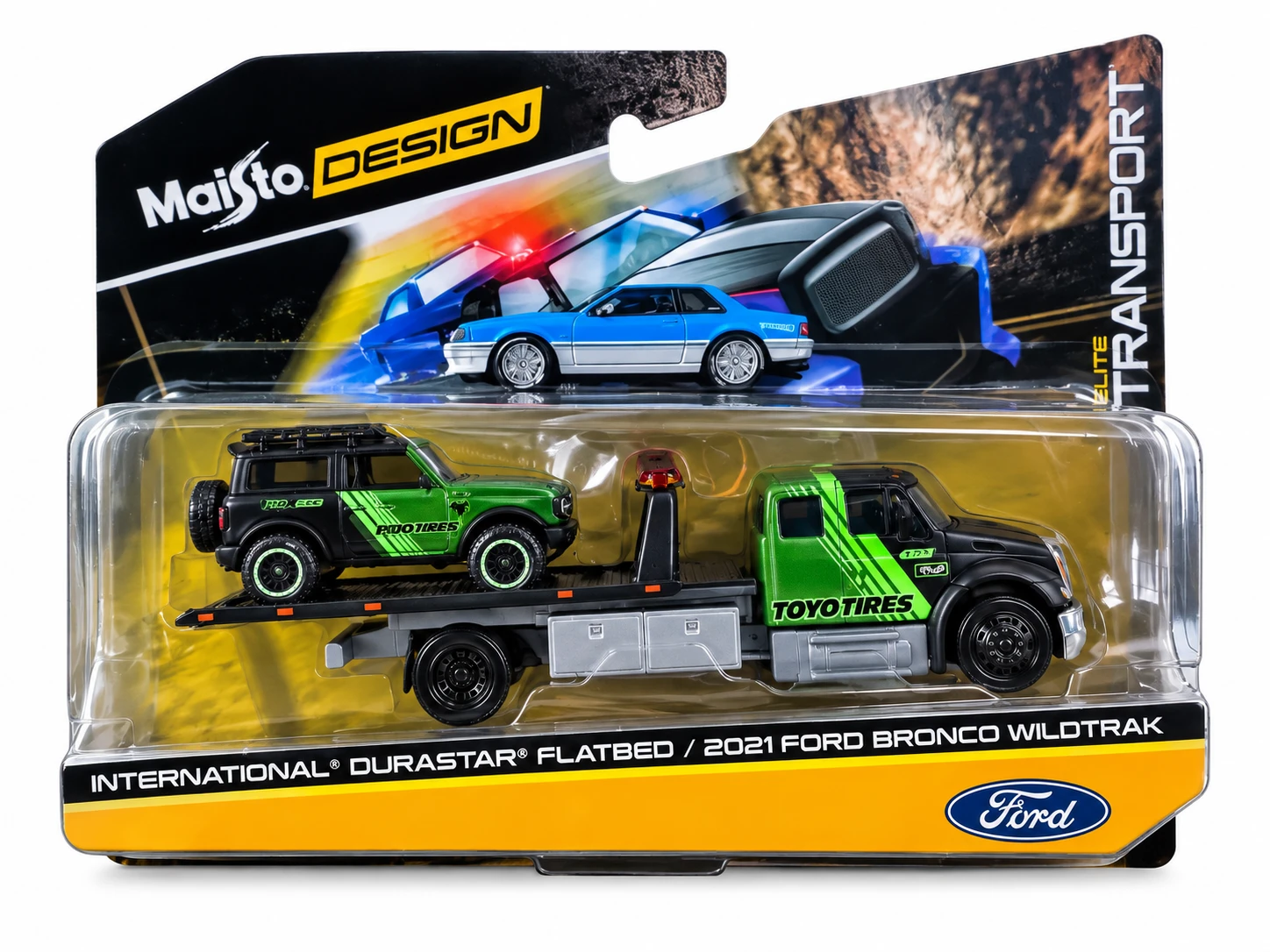Masinute - Maisto Design Elite Transport, camion International Durastar Flatbed cu rampă și Ford Bronco Wildtrak 2021, scara 1:64