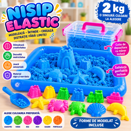 Jucarii - Nisip elastic 2 kg cu forme, lopățică și salteluță gonflabilă