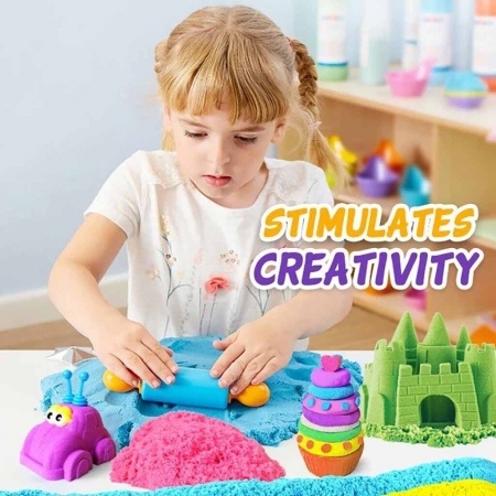 Nisip Kinetic colorat, o culoare la alegere, in cutie, cu forme, lopatica si salteluta, 2 kg [3]