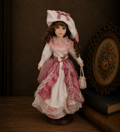 Jucarii - Papusa de colectie, cu rochie victoriana, cu suport, roz cu alb, 40 cm