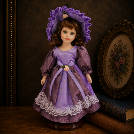 Jucarii - Păpușă de colecție, din porțelan, rochie clasica, 32 cm, lavanda