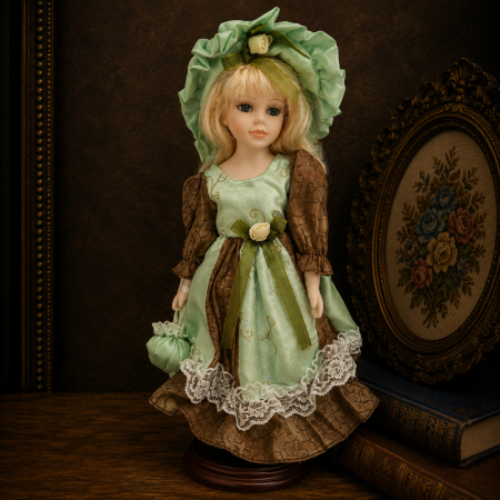 Papusi de colectie - Păpușă de colecție, din porțelan, rochie clasica, 32 cm, verde deschis