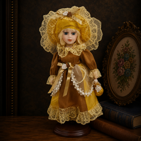 Papusi de colectie - Păpușă de colecție, din porțelan, rochie clasica, 34 cm, galben