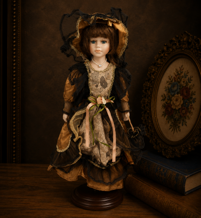 Jucarii - Păpușă de colecție, din porțelan, rochie victoriană, cu suport, maro, 43 cm