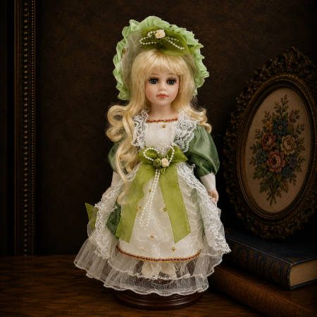 Jucarii - Păpușă de colecție, din porțelan, rochie clasica eleganta, 32 cm, verde