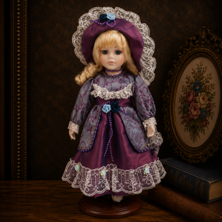 Papusi de colectie - Păpușă de colecție, din porțelan, rochie clasica eleganta, 34 cm, argintiu/mov