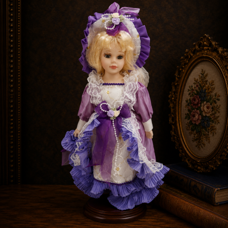 Papusi de colectie - Păpușă de colecție, din porțelan, rochie clasica eleganta, 34 cm, mov