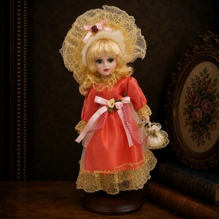 Papusi de colectie - Păpușă de colecție, din porțelan, rochie clasica eleganta, 34 cm, portocaliu