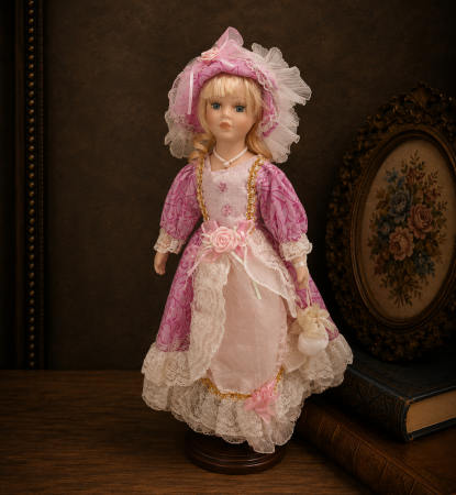 Papusi de colectie - Păpușă de colecție, din porțelan, rochie clasica eleganta, cu suport, alb-roz, 45 cm