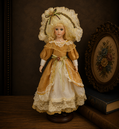Papusi de colectie - Păpușă de colecție, din porțelan, rochie clasica eleganta, cu suport, mustariu, 45 cm