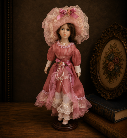 Papusi de colectie - Păpușă de colecție, din porțelan, rochie clasica eleganta, cu suport, roz-pudrat, 45 cm