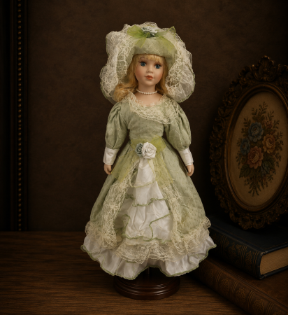 Papusi de colectie - Păpușă de colecție, din porțelan, rochie clasica eleganta, cu suport, verde-deschis, 45 cm