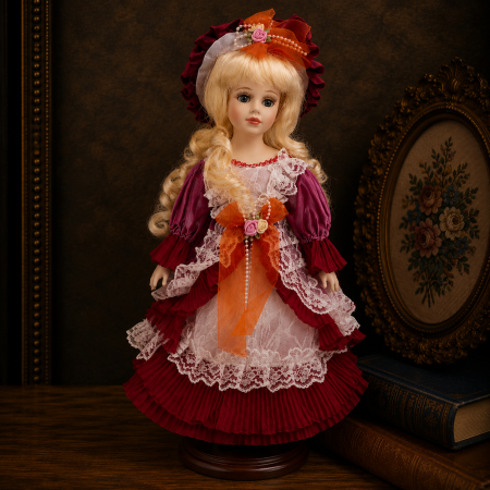 Jucarii - Păpușă de colecție, din porțelan, rochie victoriana, 32 cm, rosu