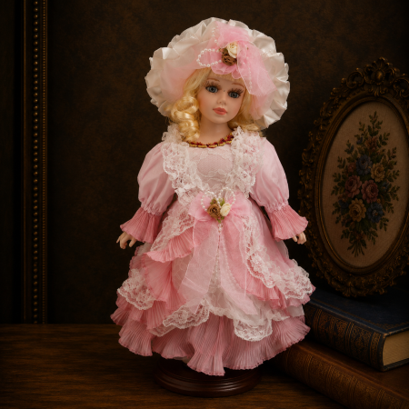 Papusi de colectie - Păpușă de colecție, din porțelan, rochie victoriana, 32 cm, roz