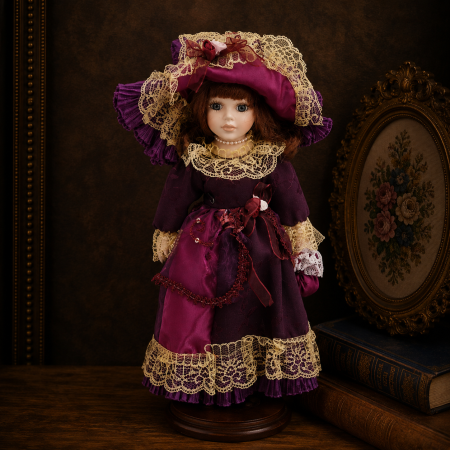 Papusi de colectie - Păpușă de colecție, din porțelan, rochie victoriana, 34 cm, violet inchis