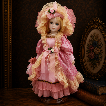 Papusi de colectie - Păpușă de colecție, din porțelan, rochie victoriana cu bonetă, cu suport, roz, 43 cm