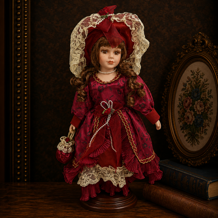 Papusi de colectie - Păpușă de colecție, din porțelan, rochie vintage cu bonetă, cu suport, visiniu, 43 cm - Copie