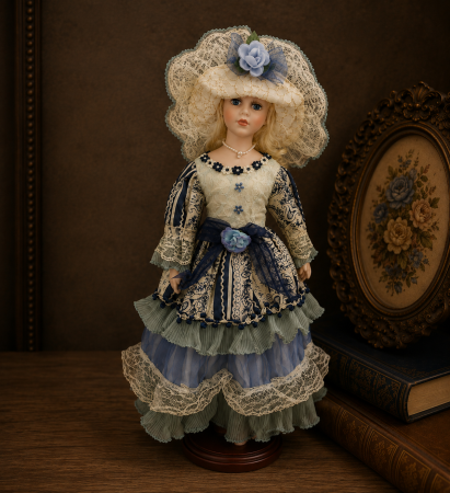 Papusi de colectie - Păpușă de colecție, din porțelan, rochie victoriană, cu suport, alb-albastru, 43 cm