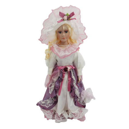 Papusi de colectie - Păpușă de colecție, din porțelan, rochie victoriană, cu suport, alb-mov, 43 cm