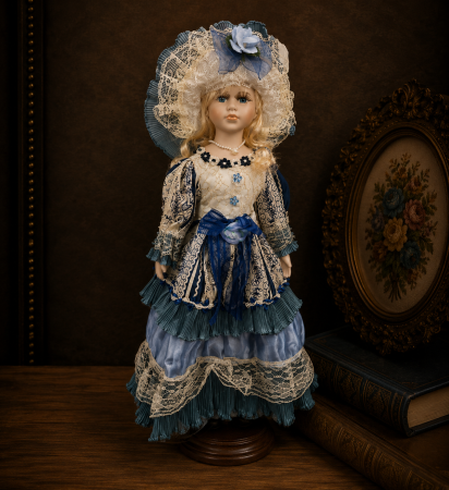 Papusi de colectie - Păpușă de colecție, din porțelan, rochie victoriană, cu suport, alb-albastru, 45 cm