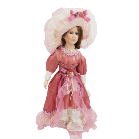 Păpușă de colecție, din porțelan, rochie victoriană, cu suport, roz-pudrat, 45 cm [3]