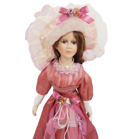 Păpușă de colecție, din porțelan, rochie victoriană, cu suport, roz-pudrat, 45 cm [2]