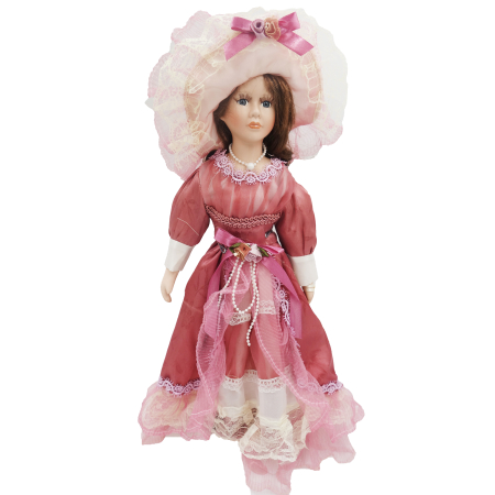 Păpușă de colecție, din porțelan, rochie victoriană, cu suport, roz-pudrat, 45 cm [1]