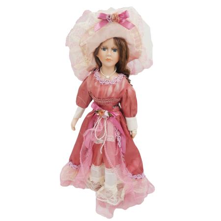 Papusi de colectie - Păpușă de colecție, din porțelan, rochie victoriană, cu suport, roz-pudrat, 45 cm