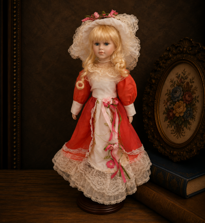 Papusi de colectie - Păpușă de colecție, din porțelan, rochie victoriană, cu suport, alb-corai, 45 cm