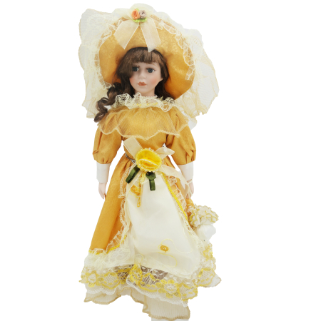 Papusi de colectie - Păpușă de colecție, din porțelan, rochie victoriană, cu suport, galben, 45 cm