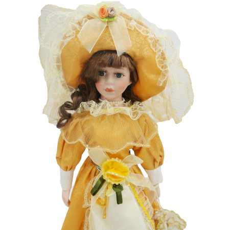 Păpușă de colecție, din porțelan, rochie victoriană, cu suport, galben, 45 cm [3]