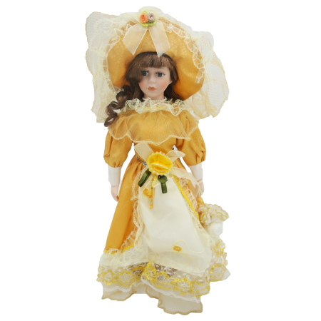 Păpușă de colecție, din porțelan, rochie victoriană, cu suport, galben, 45 cm [2]
