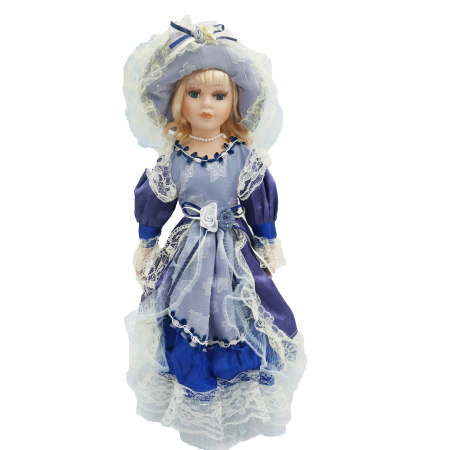 Papusi de colectie - Păpușă de colecție, din porțelan, rochie victoriană, cu suport, albastru, 45 cm