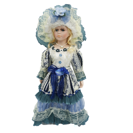 Păpușă de colecție, din porțelan, rochie victoriană, cu suport, alb-albastru, 45 cm [3]
