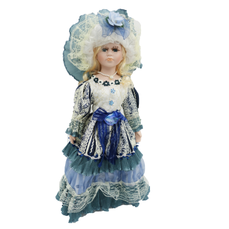 Papusi de colectie - Păpușă de colecție, din porțelan, rochie victoriană, cu suport, alb-albastru, 45 cm