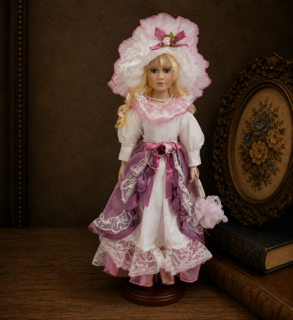 Papusi de colectie - Păpușă de colecție, din porțelan, rochie victoriană, cu suport, alb-mov, 43 cm