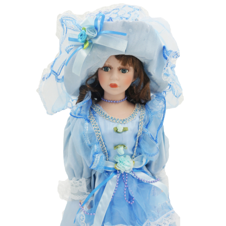Păpușă de colecție, din porțelan, rochie victoriană, cu suport, albastru-deschis, 43 cm [3]
