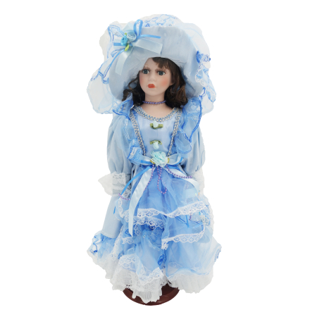 Papusi de colectie - Păpușă de colecție, din porțelan, rochie victoriană, cu suport, albastru-deschis, 43 cm