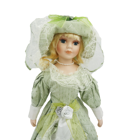 Păpușă de colecție, din porțelan, rochie victoriană, cu suport, verde-deschis, 45 cm [3]