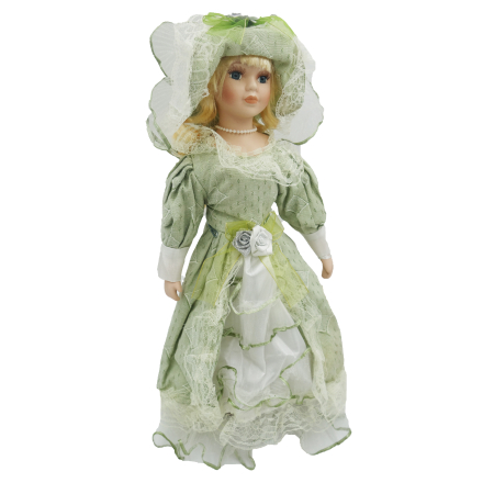 Păpușă de colecție, din porțelan, rochie victoriană, cu suport, verde-deschis, 45 cm [2]